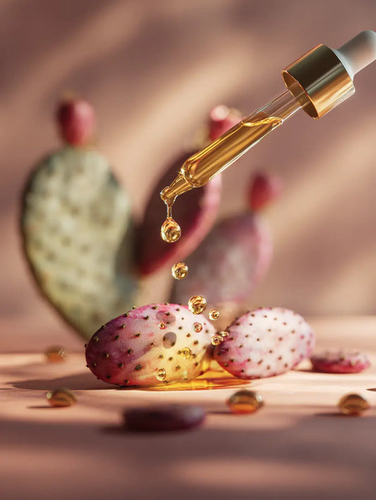 Gouttes d’huile de pépins de figue de barbarie bio F&C Natura, flacon en verre ambré, mise en avant de la texture fluide et de l’effet régénérant naturel, esthétique artisanale marocaine