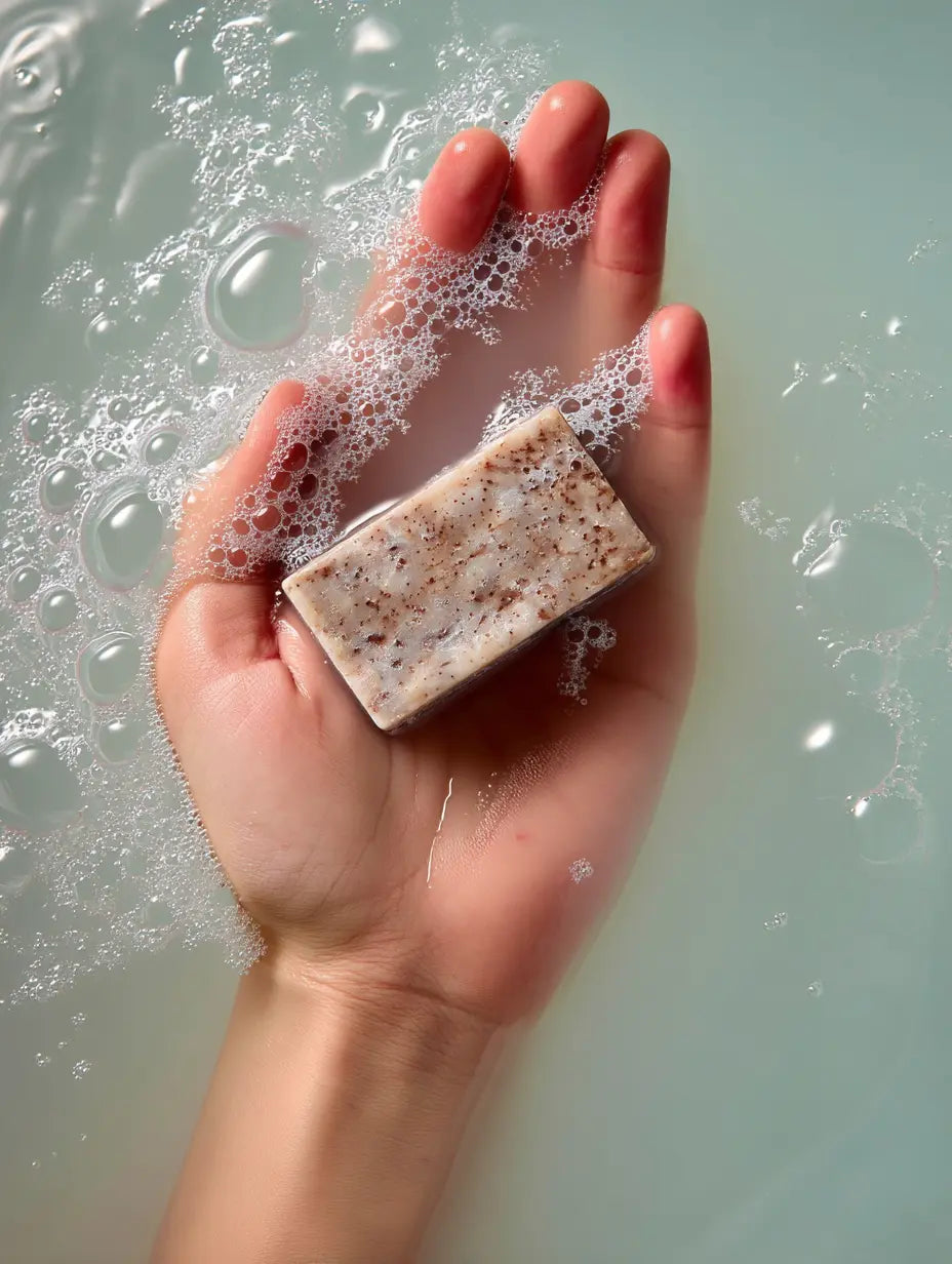 Savon figue de barbarie F&C Natura utilisé sous l’eau, main en contact avec la mousse