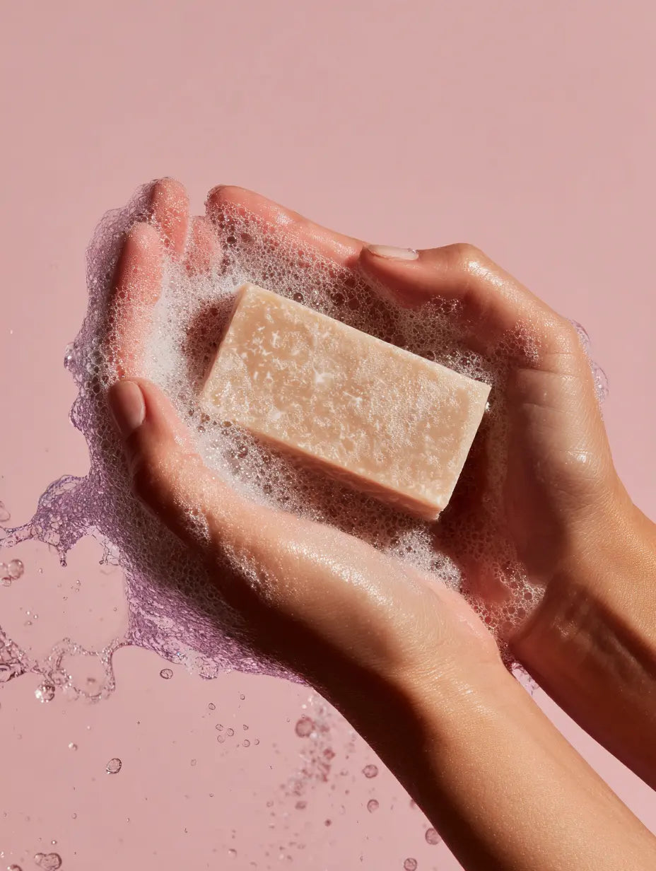 Savon surgras F&C Natura Nigelle, Lavande & Argile Verte, appliqué dans la main avec mousse généreuse, nettoyant doux et naturel pour visage et corps.