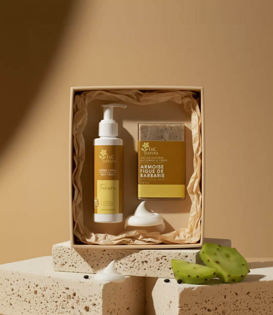 Coffret Douceur Naturelle F&C Natura avec Crème Corps Tahara et Savon Artisanal à la Figue de Barbarie, soins naturels marocains.