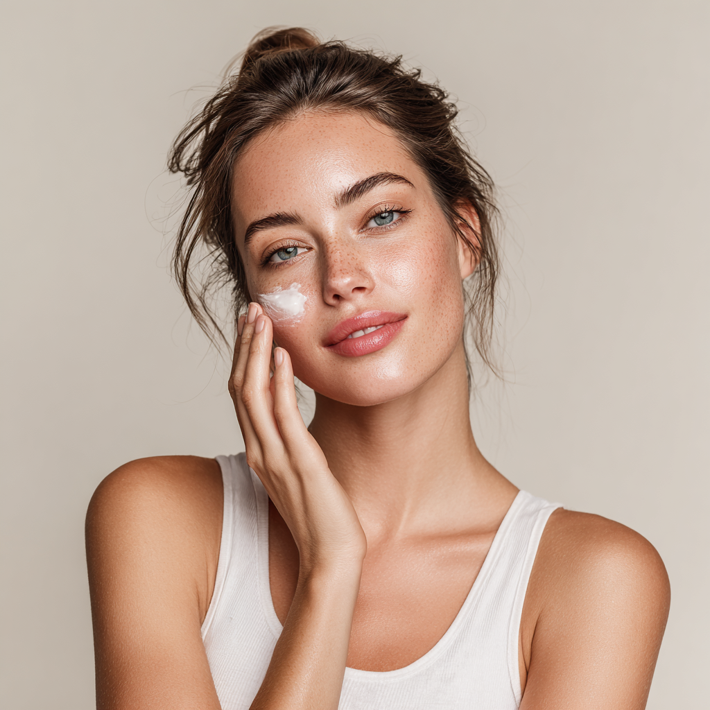 Crème visage bio à base d’ingrédients naturels, femme en pleine application pour une peau douce et lumineuse - F&C Natura