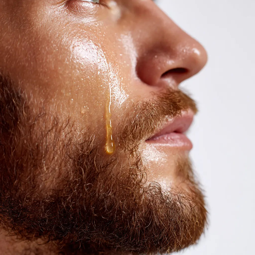 Huile de ricin pure F&C Natura appliquée sur le visage et la barbe d’un homme, soin naturel nourrissant et fortifiant, routine beauté et hydratation du Maroc.