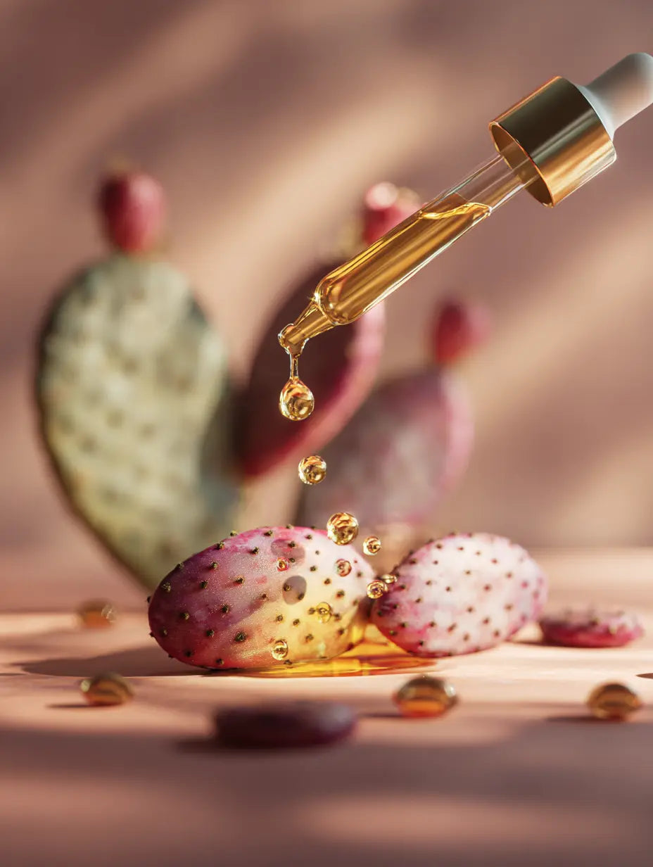 Gouttes d’huile de pépins de figue de barbarie bio F&C Natura, flacon en verre ambré, mise en avant de la texture fluide et de l’effet régénérant naturel, esthétique artisanale marocaine