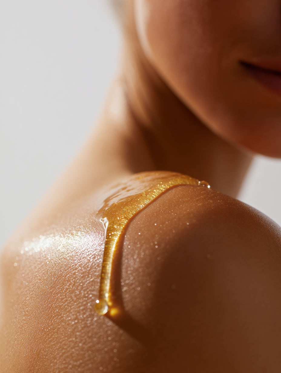 Huile de pépins de figue de barbarie bio F&C Natura appliquée sur l’épaule d’une femme, peau hydratée et lumineuse, mise en avant de la texture fluide et du soin naturel marocain