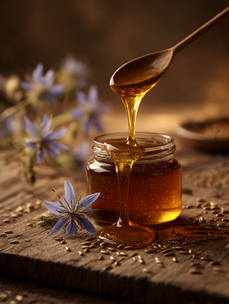 Miel de Nigelle F&C Natura coulant délicatement d’une cuillère, mise en valeur de sa couleur dorée et de sa pureté