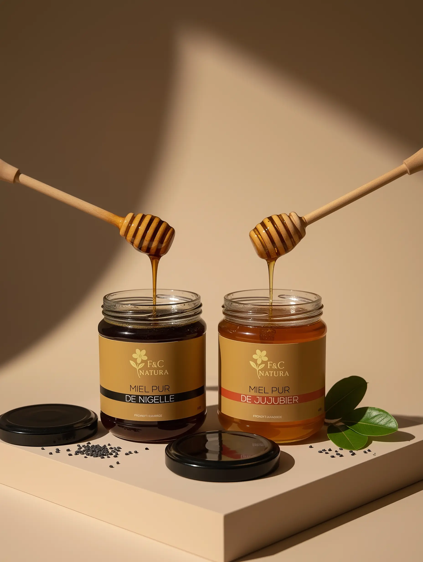 Miels artisanaux du Maroc : miel pur de Nigelle et miel pur de Jujubier. F&C Natura