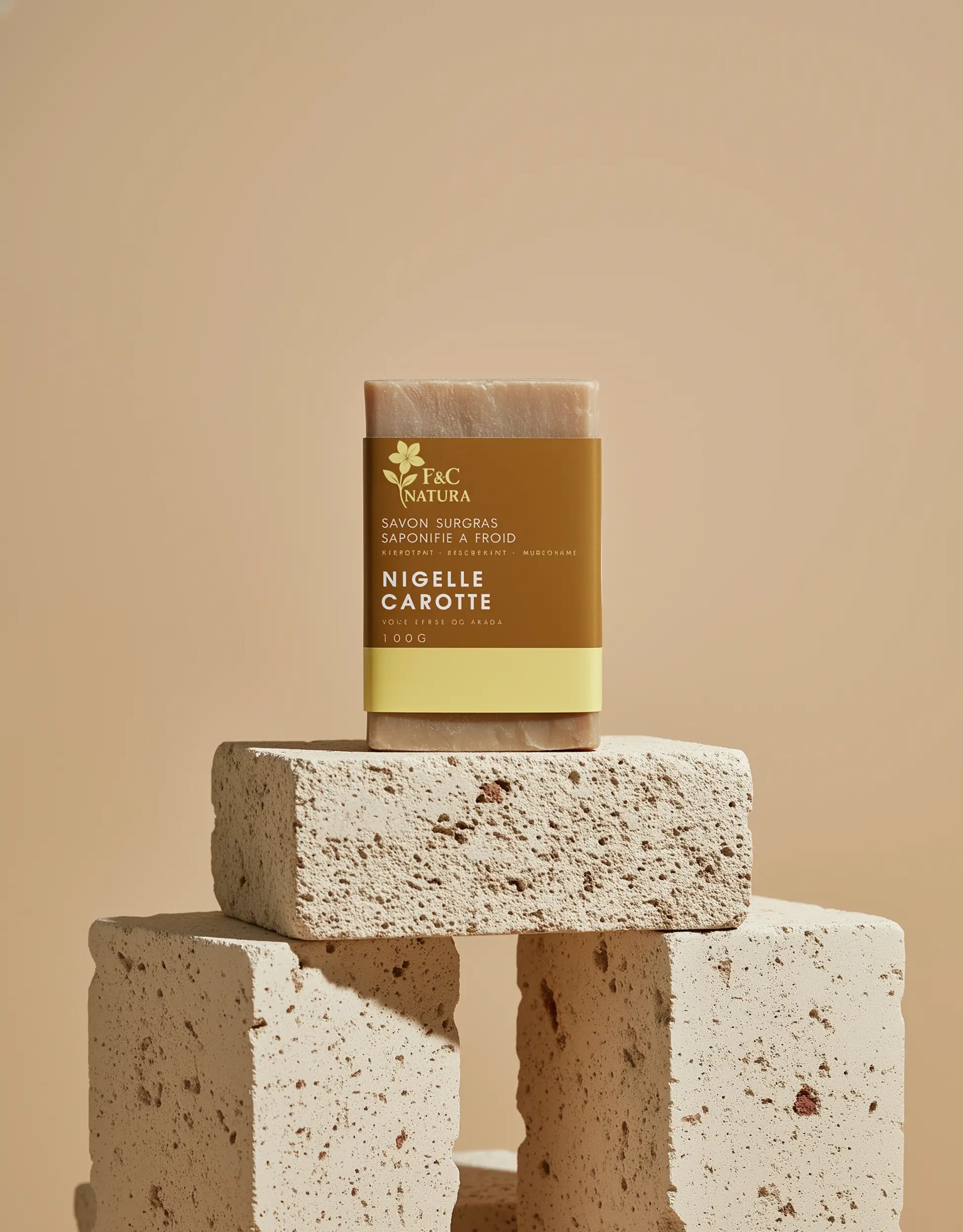 Savon artisanal Nigelle & Carotte F&C Natura, nettoyant doux pour visage et corps, riche en huiles végétales.